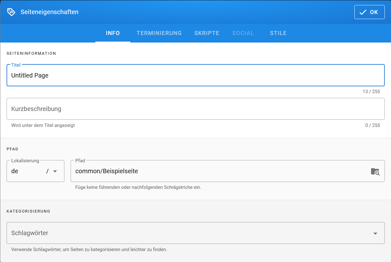 Dialog für Seiten-Metadaten